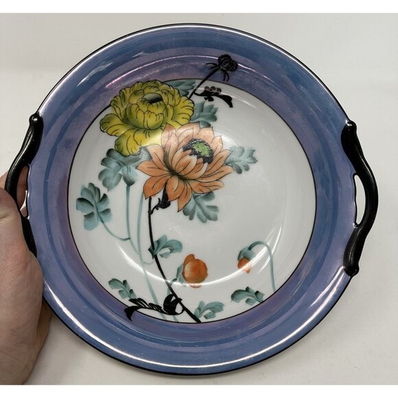 NORITAKE MORIMURA TWO HANDLED SERVING BOWL Floral Art Deco Blue Luster Ware - Picture 11 of 15